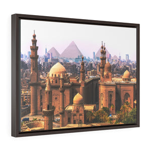 Horizontal Framed Premium Gallery Wrap Canvas -  The Mosque Madrassa of Sultan Hassan - Pyramids in the back - Cairo - Egypt - Ancient religions