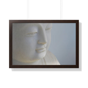 Buddhism - Framed Horizontal Poster - White Buddha Statue depicting peace  - Print in USA Printify