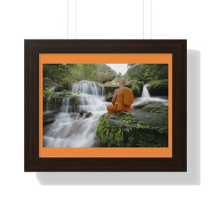 Buddhism -Framed Horizontal Poster - Buddhist Monk practices Meditation near Waterfall  - Print in USA Printify