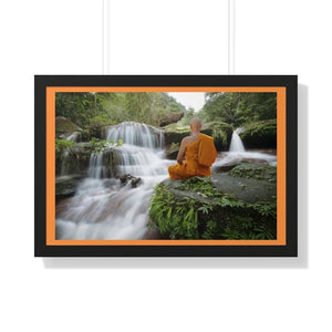 Buddhism -Framed Horizontal Poster - Buddhist Monk practices Meditation near Waterfall  - Print in USA Printify