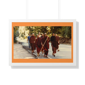 Buddhism -Framed Horizontal Poster - Buddhist Monks in TKAM CA do Walking Mediation with the Venerable Taungpulu Sayadaw - Print in USA Printify