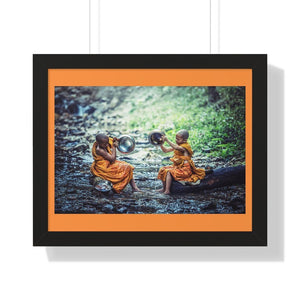 Buddhism -Framed Horizontal Poster - Children Buddhist monks Clean their Food Vessel - Thailand  - Print in USA Printify