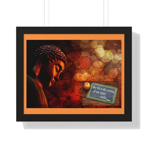 Buddhism -Framed Horizontal Poster - Golden Buddha statue & Dhammapada 1st sentence - Our life is the creation of Our Minds - Print in USA Printify