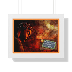 Buddhism -Framed Horizontal Poster - Golden Buddha statue & Dhammapada 1st sentence - Our life is the creation of Our Minds - Print in USA Printify