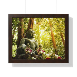 Buddhism -Framed Horizontal Poster - Green Jade Buddha statue in forest - Print in USA Printify