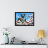 Buddhism -Framed Horizontal Poster - The Great Buddha and sakura flowers, Kotoku-in temple, Japan - Print in USA Printify