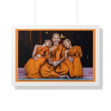 Buddhism -Framed Horizontal Poster - Three Thai Buddhist novices sitting together at temple door - Thailand  - Print in USA Printify