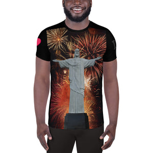 All-Over Print Men's Athletic T-shirt -  Cristo Redentor (with fireworks)  - Rio de Janeiro - Brasil - South America - Catholicism