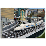 Premium Matte Paper Poster -  Nagoya Shinkansen lego model running on railway with city background of Japan - Legoland JAPAN